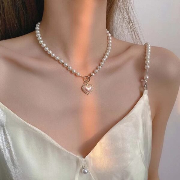 สร้อยคอจี้ไข่มุกเทียมพลอยเทียม รูปหัวใจ - Image 3
