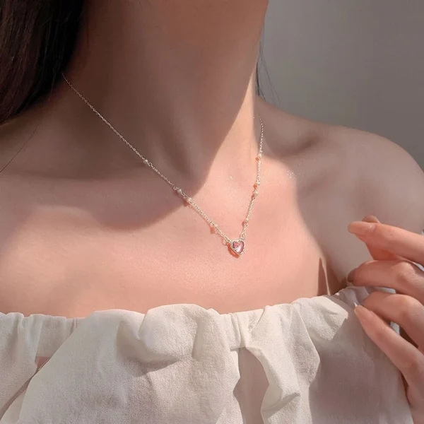 สร้อยคอจี้หัวใจคริสตัลสีชมพูมุก - Image 3